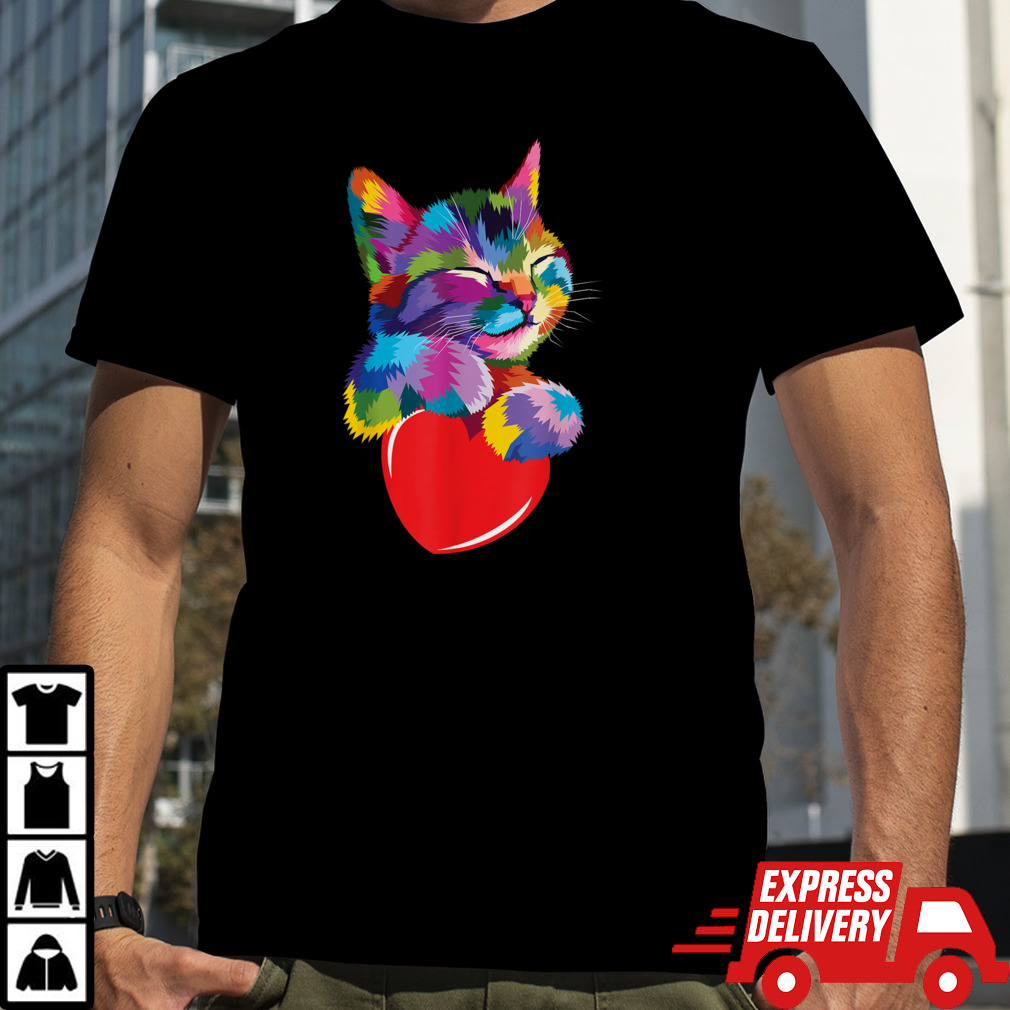 Rainbow Cute Cat Hugging Valentine Heart Kitty Love Cat T-Shirt