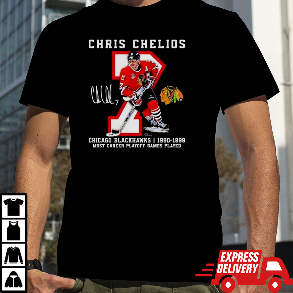 Chicago Blackhawks Chris Chelios 1990-1999 Most Career Playoff Games Played Signature T-shirt