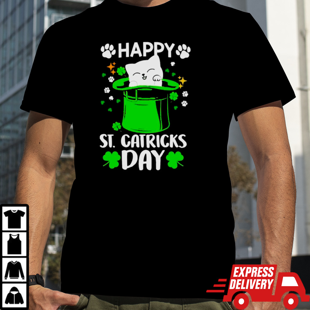 Happy St catrick’s day cat inside green hat shirt