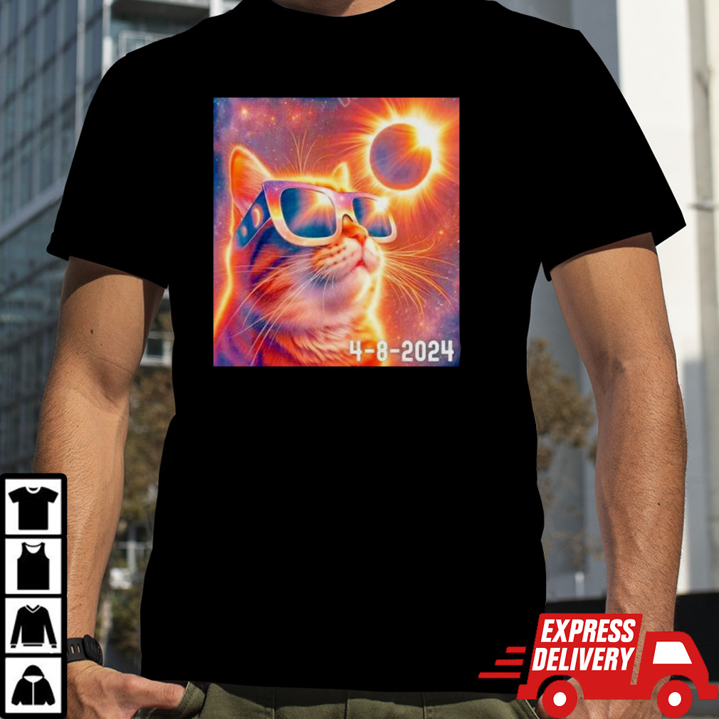 Eclipse solar April 8 2024 kitty cat wearing glasses shirt