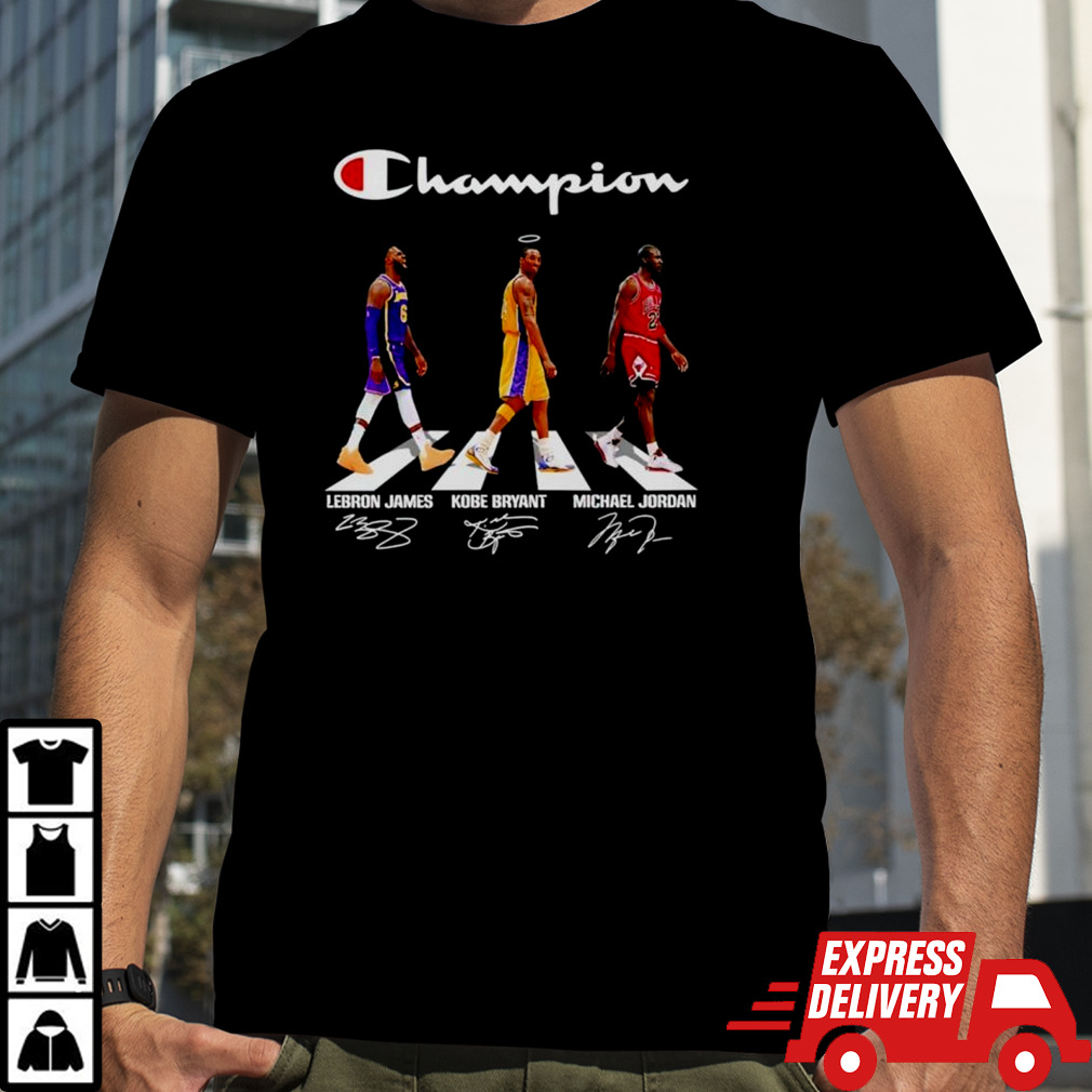 Champions LeBron James Kobe Bryant Michael Jordan walking road signatures shirt