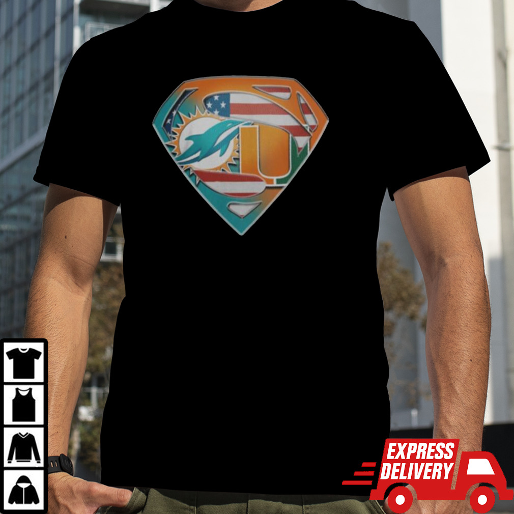 Miami Dolphins And Miami Hurricanes Superman Sports Logo Shirt