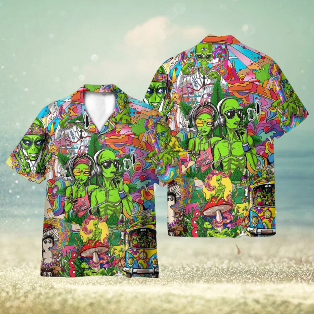 Couple Alien Smoking Weed Hippie 3D Hawaiian Shirt Holiday Gift