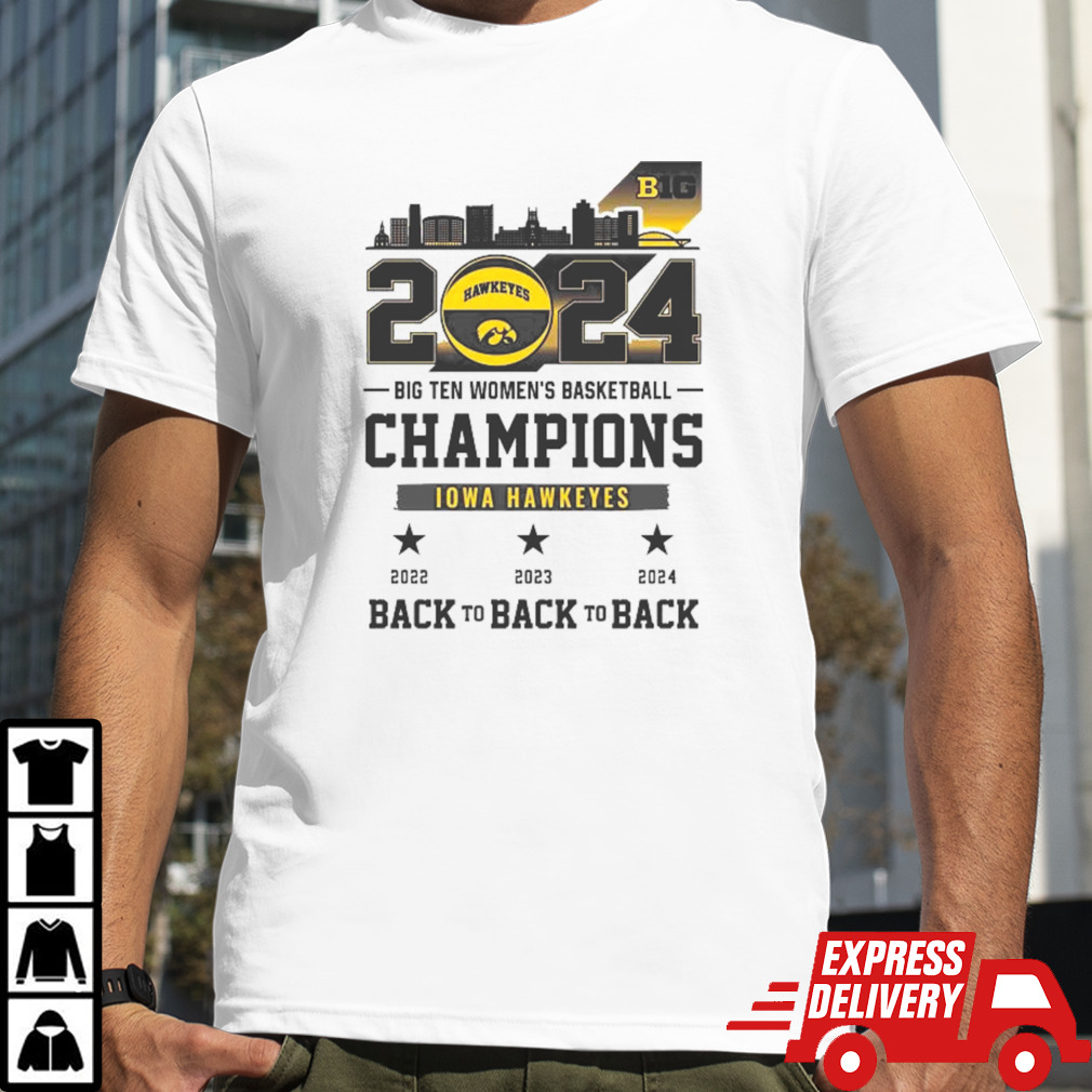 Iowa Hawkeyes Skyline 2024 Big Ten Women’s Basketball Champions Back To Back To Back Shirt