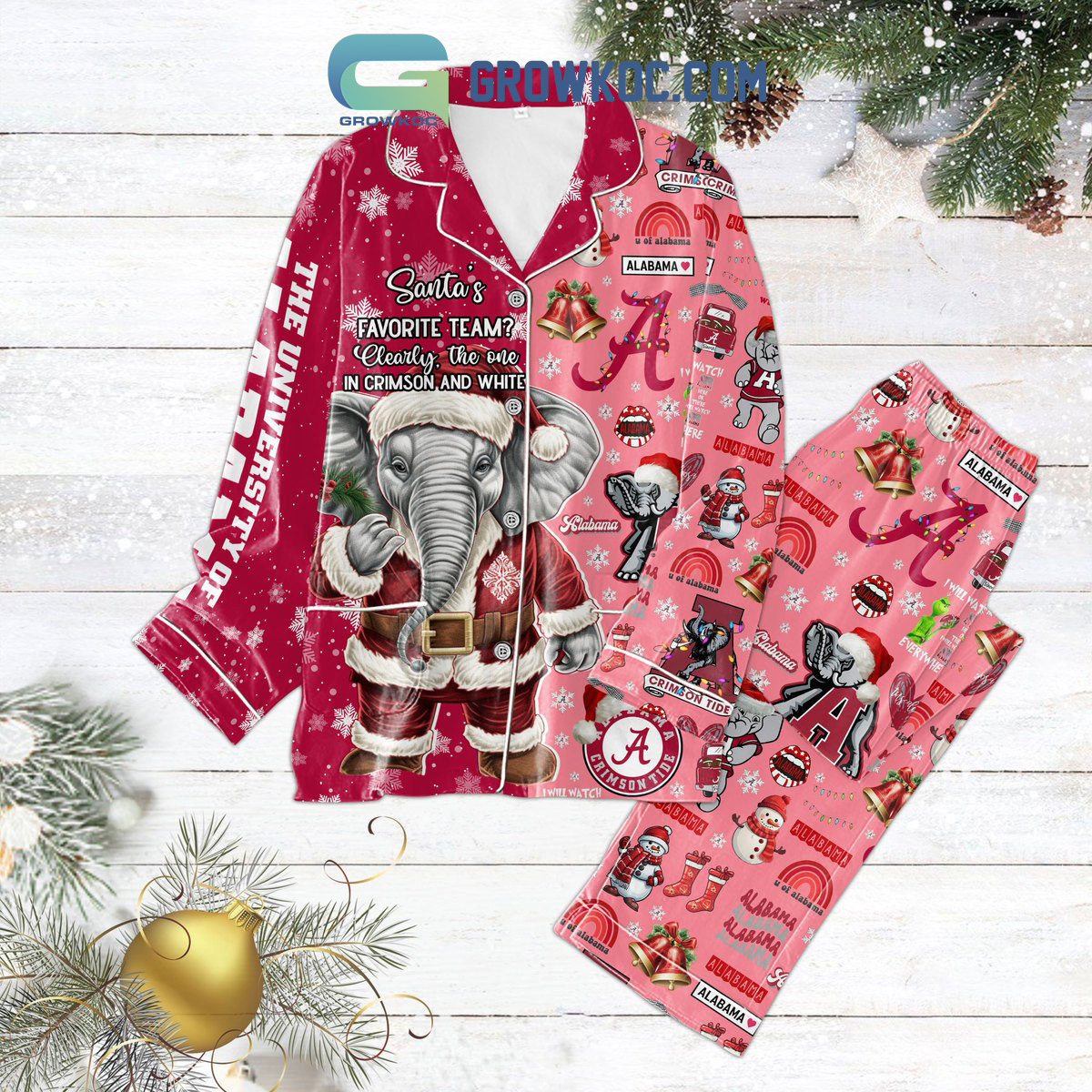 Alabama Crimson Tide Santas's Favourite Team Clearly The One Is Crimson And White Christmas Silk Pajamas Sets