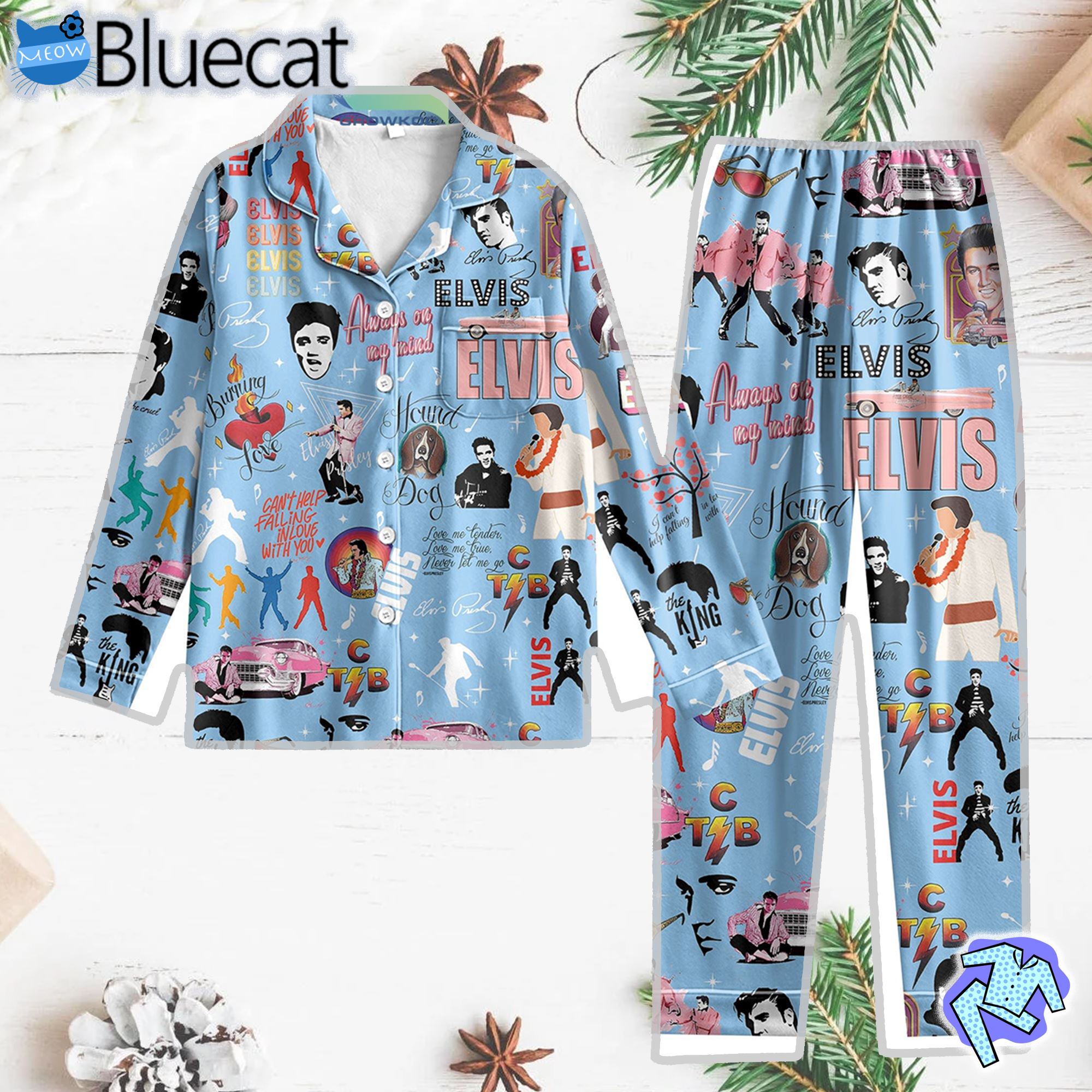 Elvis Presley King Of Rock And Roll Blue Design Can Not Help Falling In Love With You Silk Pajamas Set