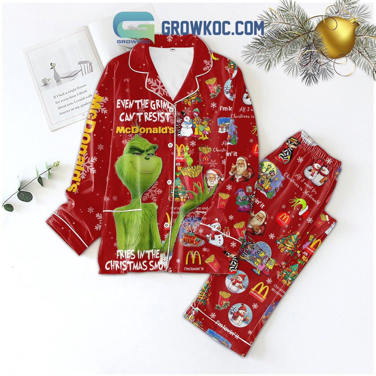 Even The Grinch Can't Resist McDonald's Fries In The Christmas Snow I'm Lovin'It Christmas Silk Pajamas Set