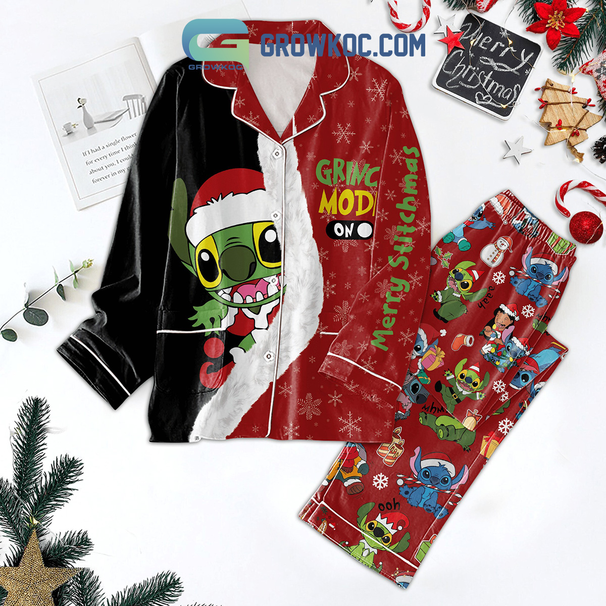 Grinch Mode On Merry Stitchmas Pajamas Set