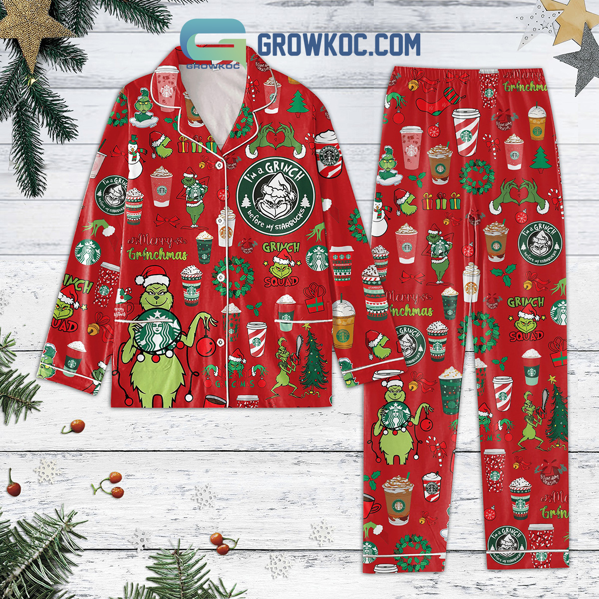 Grinch Starbucks Red Design Christmas For Coffeeholic Polyester Pajamas Sets