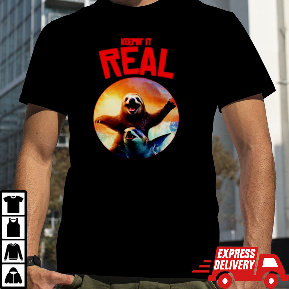 Keepin’ it real sloth riding shark shirt