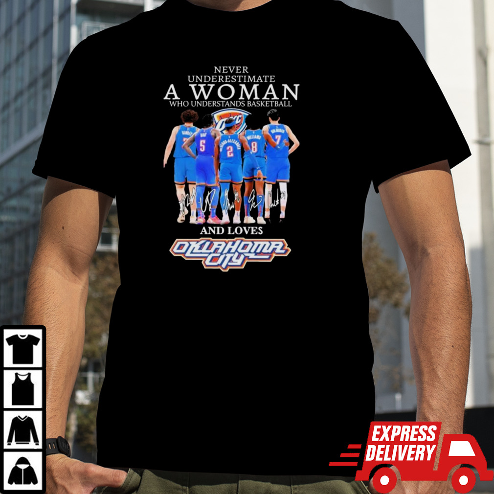 Never Underestimate A Woman Who Understands Basketball And Loves Oklahoma City Thunder 2024 Signatures Shirt