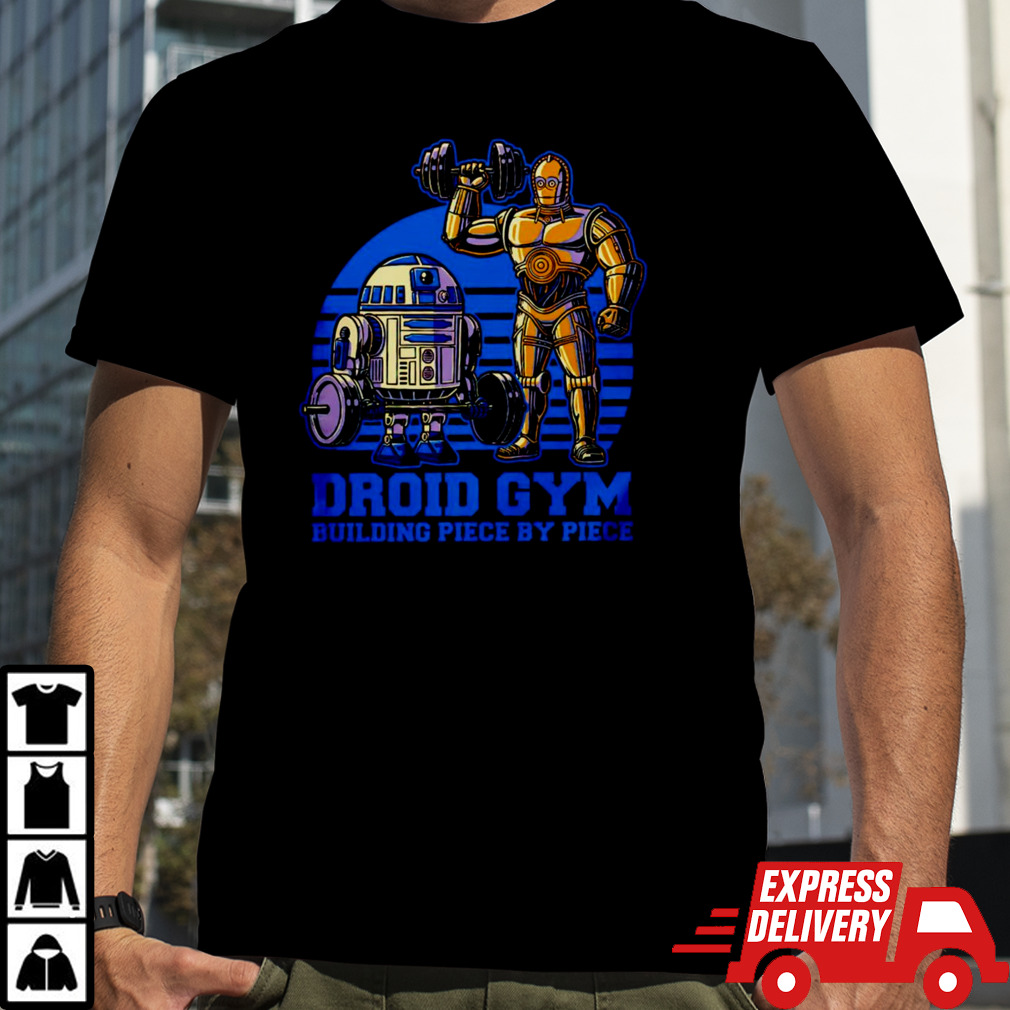 Droid Gym building piece by piece weight lifting with R2-D2 and C-3PO shirt