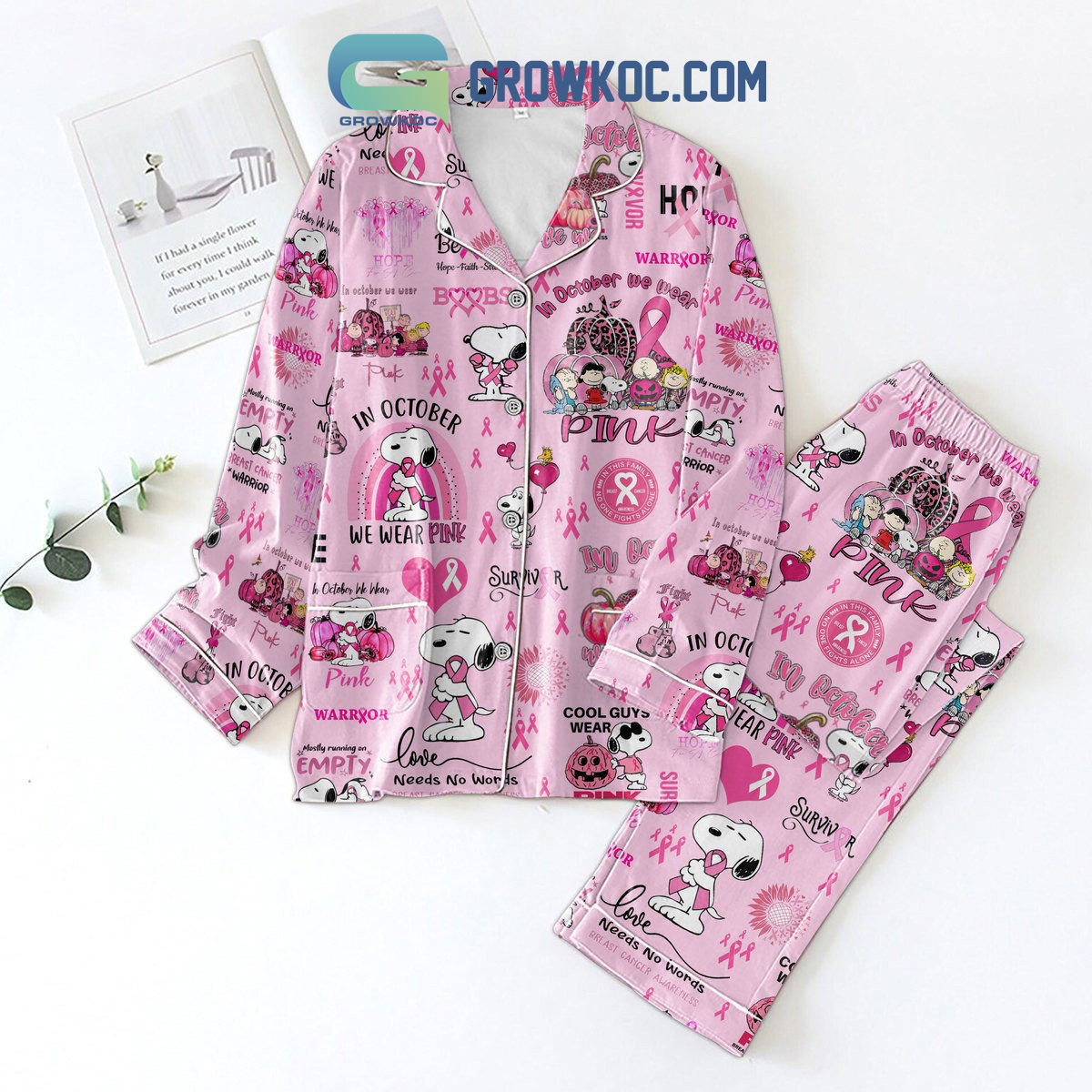 Snoopy Cool Guys Wear Pink Breast Cancer Awarness Pajamas Set