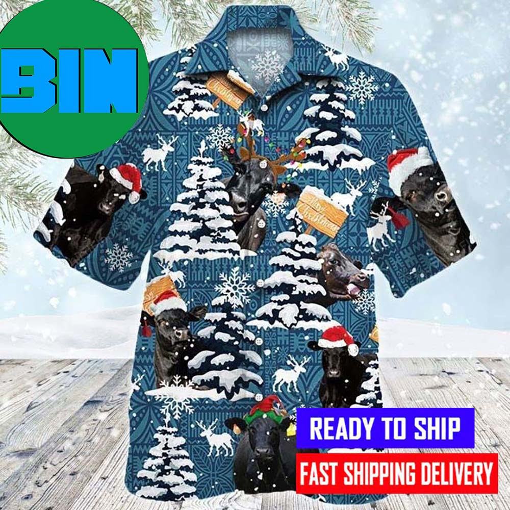 Black Angus Cattle Lovers Blue Tribal Christmas Hawaiian Shirt