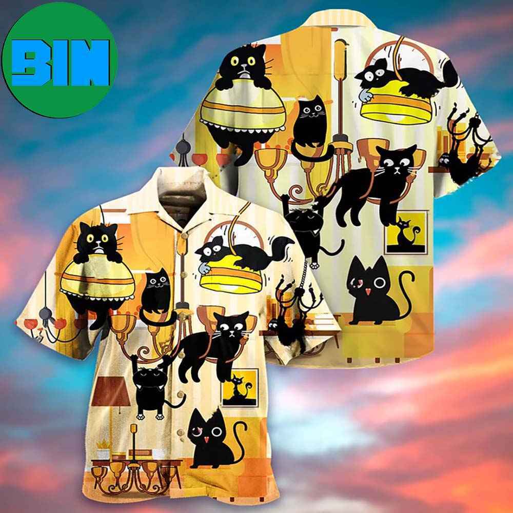 Black Cat Yellow Dinner Style Summer Hawaiian Shirt