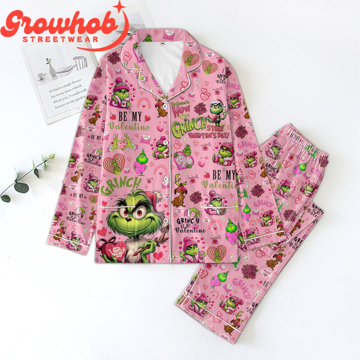 The Grinch Be My Valentine Pink Polyester Pajamas Set