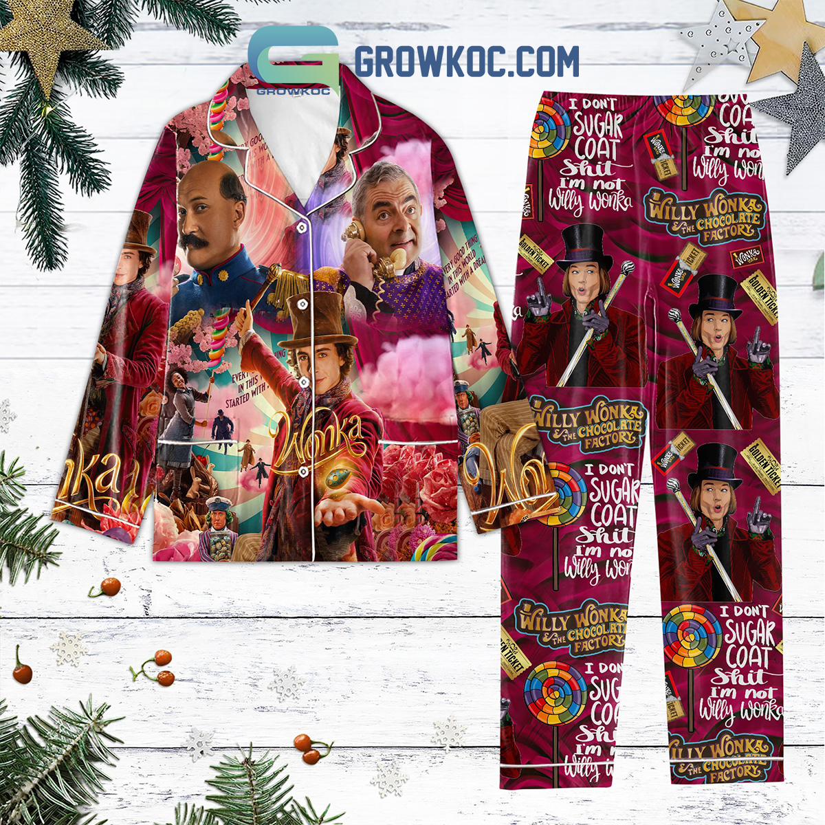 Willy Wonka And The Chocolate Factory I Don't Sugar Coat Shit I'm Not Willy Wonka Golden Ticket Christmas Silk Pajamas Set