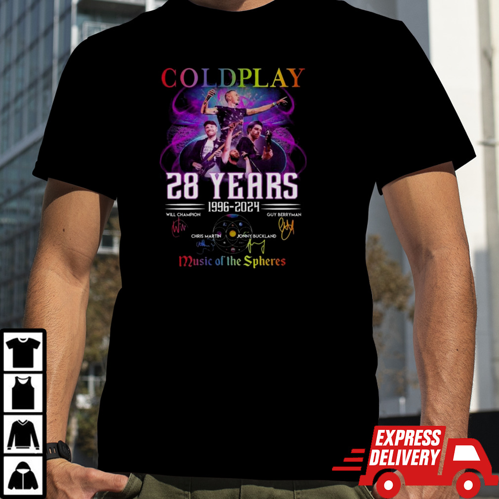 Coldplay 28 Years 1996 – 2024 Music Of The Spheres Signatures T-shirt