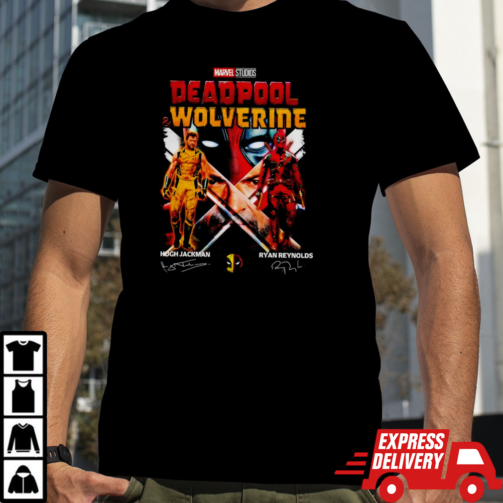 Marvel Studios Deadpool and Wolverine Hugh Jackman Ryan Reynolds signatures shirt