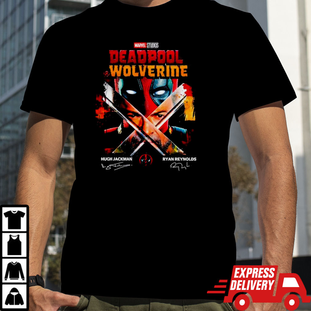 Marvel Studios Deadpool and Wolverine Hugh Jackman and Ryan Reynolds signatures shirt