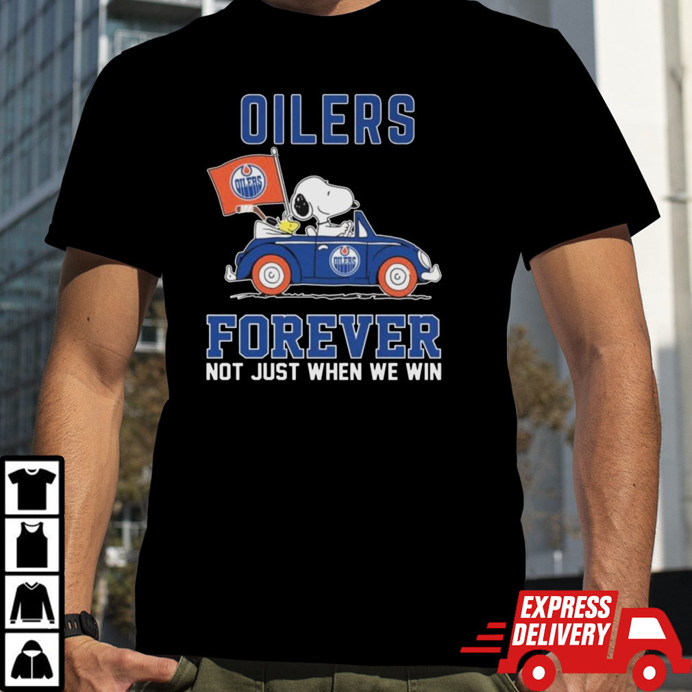 Peanuts Snoopy And Woodstock On Car Edmonton Oilers Forever Not Just When We Win Shirt