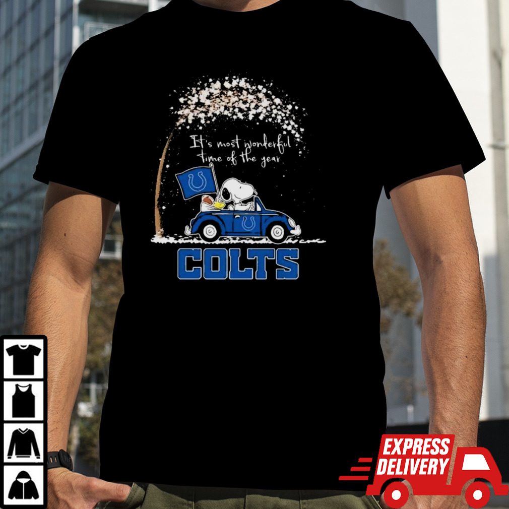 Peanuts Snoopy And Woodstock On Car Indianapolis Colts It’s Most Wonderful Time Of The Year Shirt