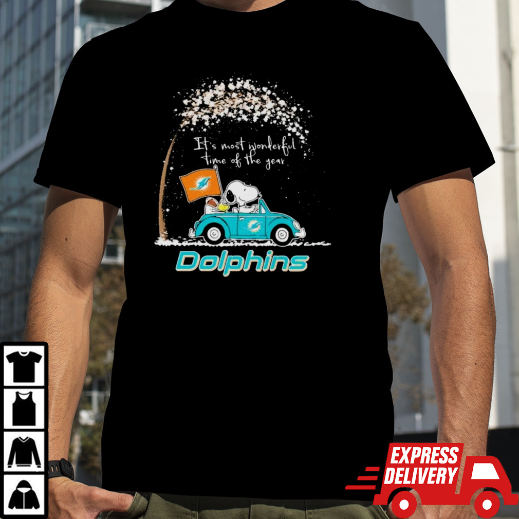 Peanuts Snoopy And Woodstock On Car Miami Dolphins It’s Most Wonderful Time Of The Year Shirt