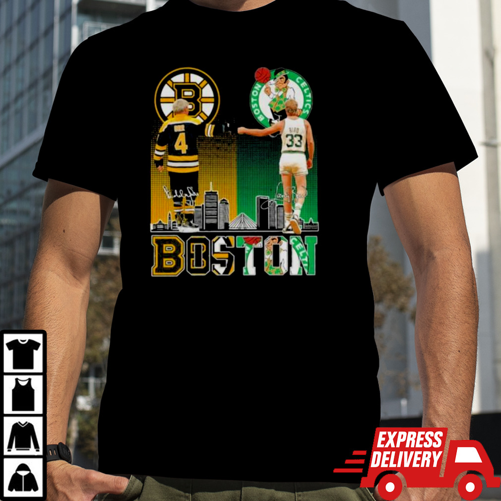 Bobby Orr Boston Bruins and Larry Bird Boston skyline Sports Team signatures shirt