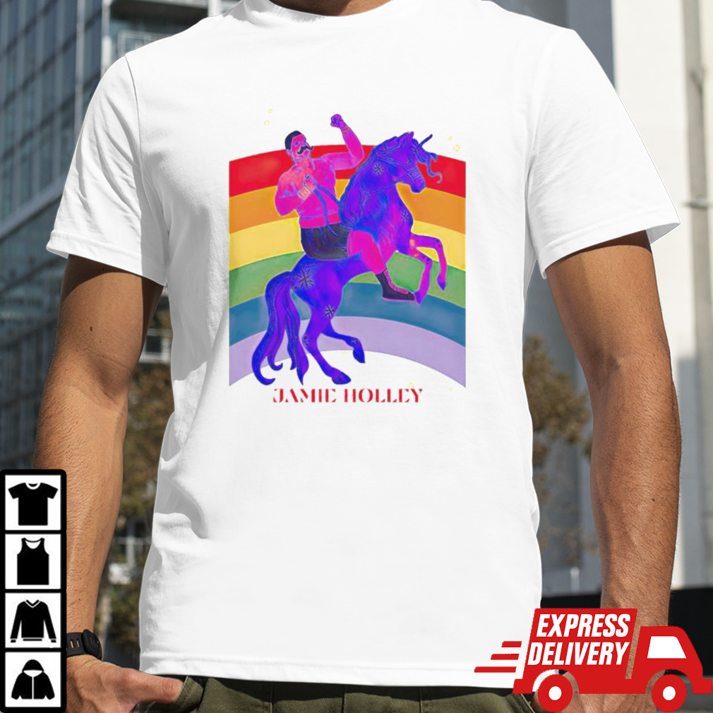 Jamie Holley riding horse rainbow pride shirt