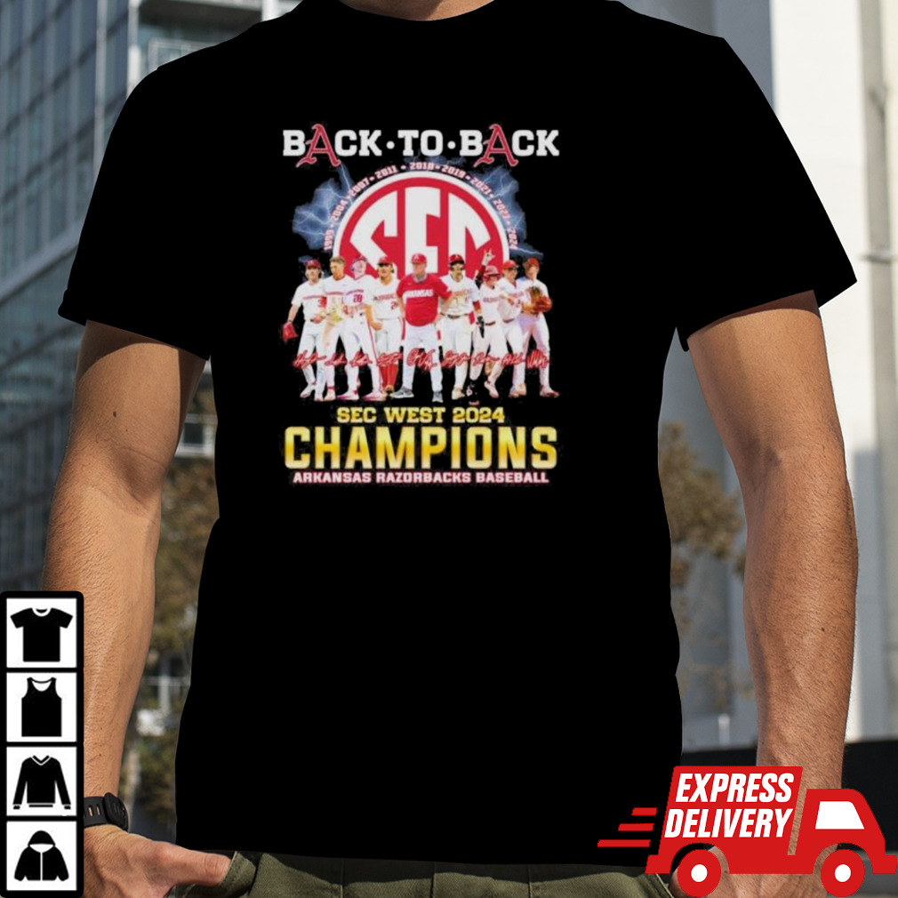 Official Arkansas Razorbacks Back To Back SEC West Baseball Champions 2024 Signatures Shirt