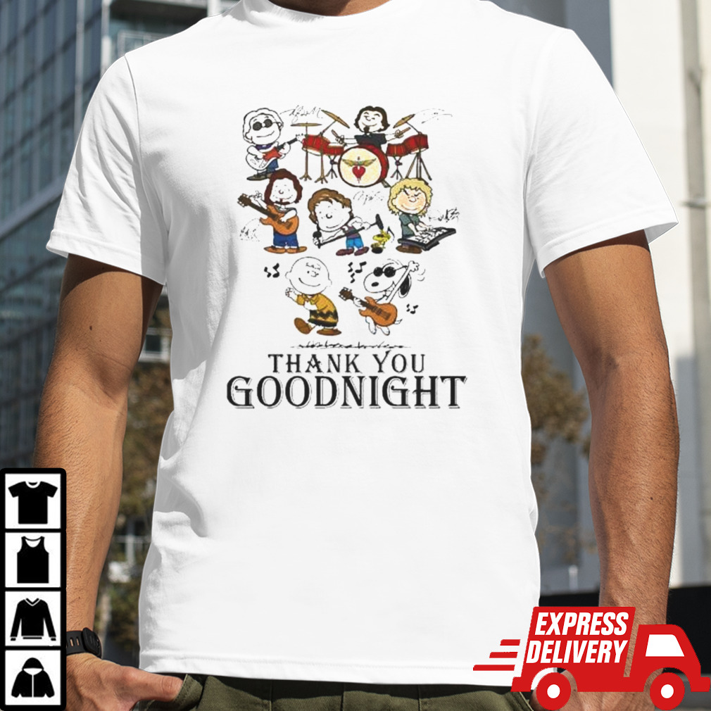 Peanuts Characters Thank You Good Night Bon Jovi Jerry Garcia Kid Rock Bob Seger And Lemmy Shirt