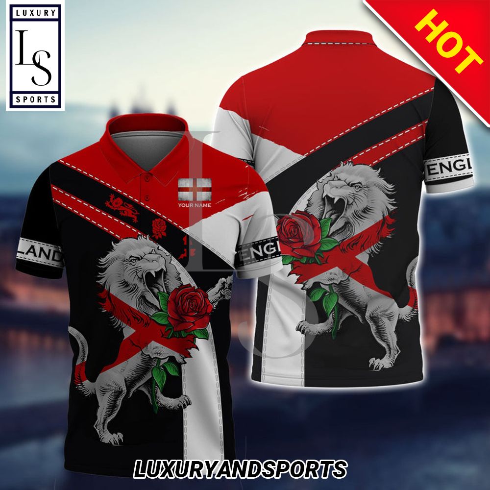 Custom Name England Rose Lion Polo Shirt