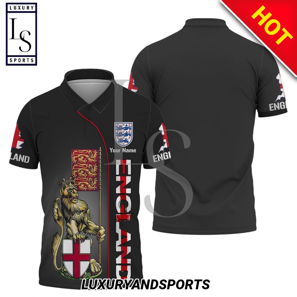 Custom Name England Three Lion Football Black Polo Shirt