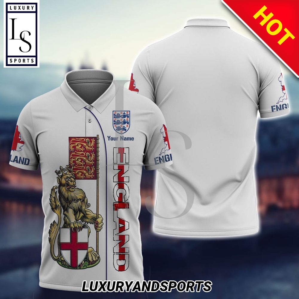 Custom Name England Three Lion Football White Polo Shirt