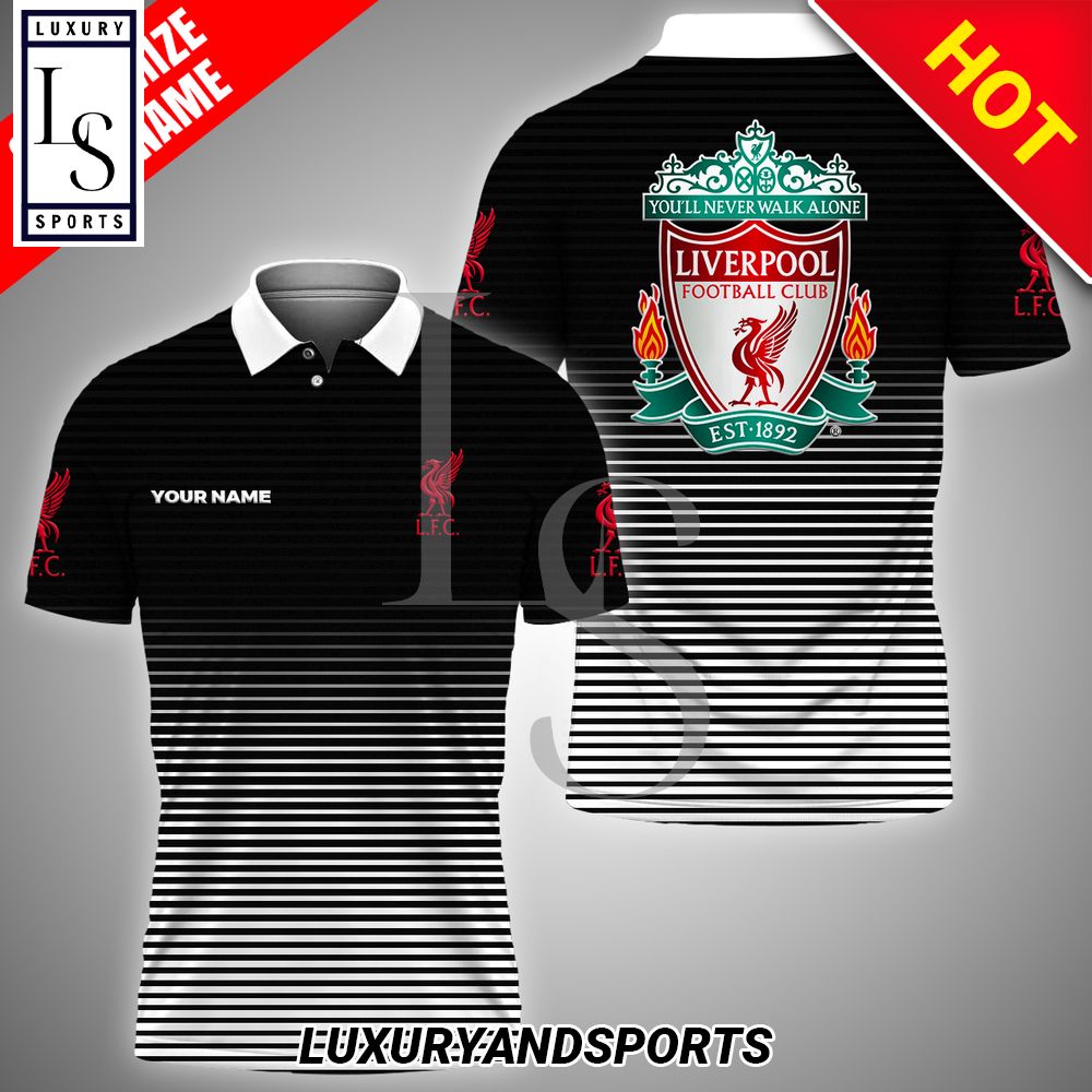 Custom Name Liverpool LFC Stripes Black Polo Shirt