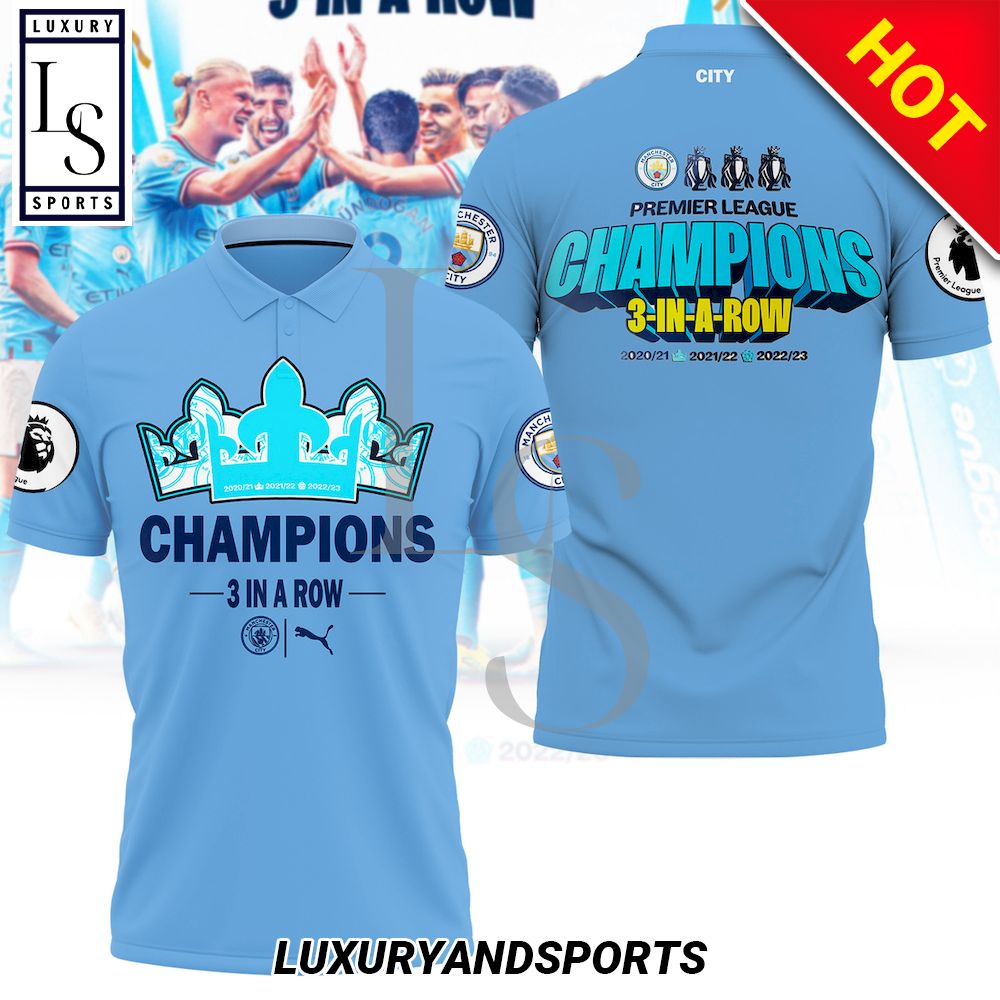 Man City 3 In A Row Champions Premier League 3D Polo Shirt