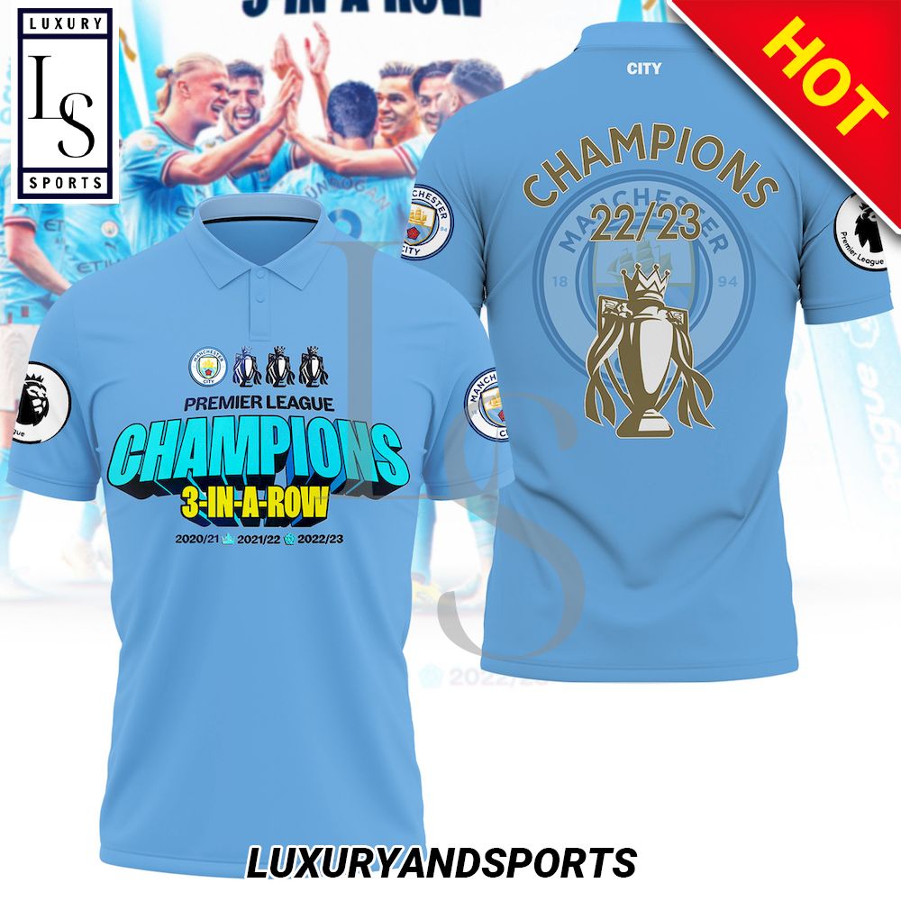 Man City 3 In A Row Champions Premier League Custom 3D Polo Shirt