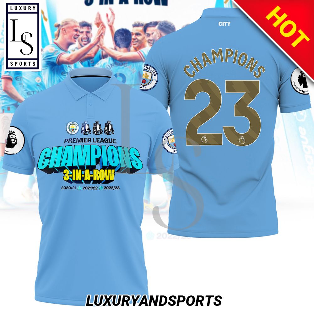 Man City 3 In A Row Champions Premier League Custom Number 3D Polo Shirt