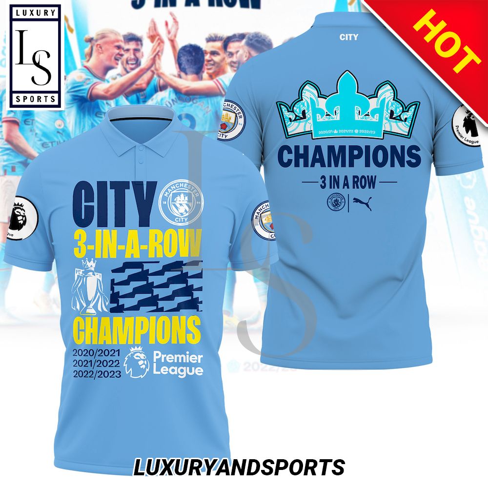 Man City FC Champions 3 In A Row 3D Polo Shirt