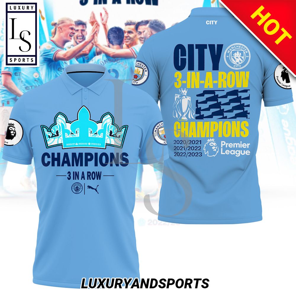 Manchester City 3 In A Row Champions Premier League 3D Polo Shirt