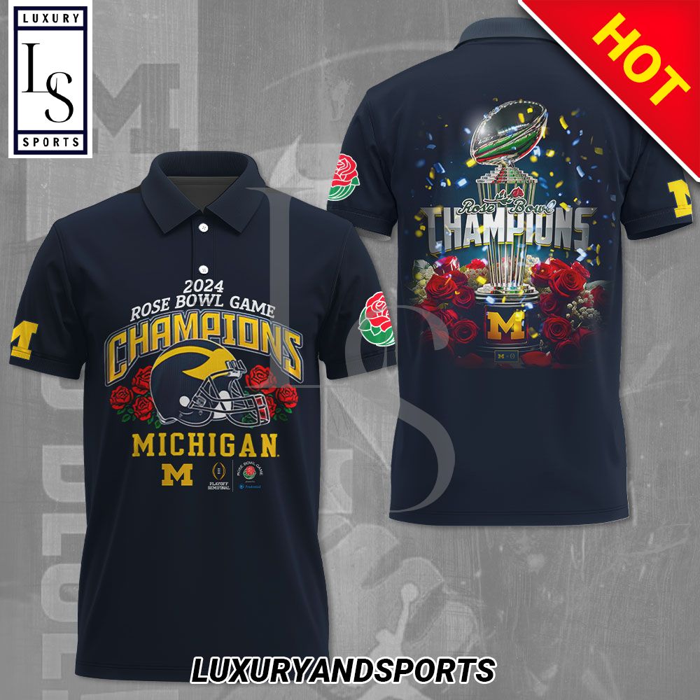 Michigan Wolverines Football 2024 Rose Bowl Game Champions 3D Polo Shirt