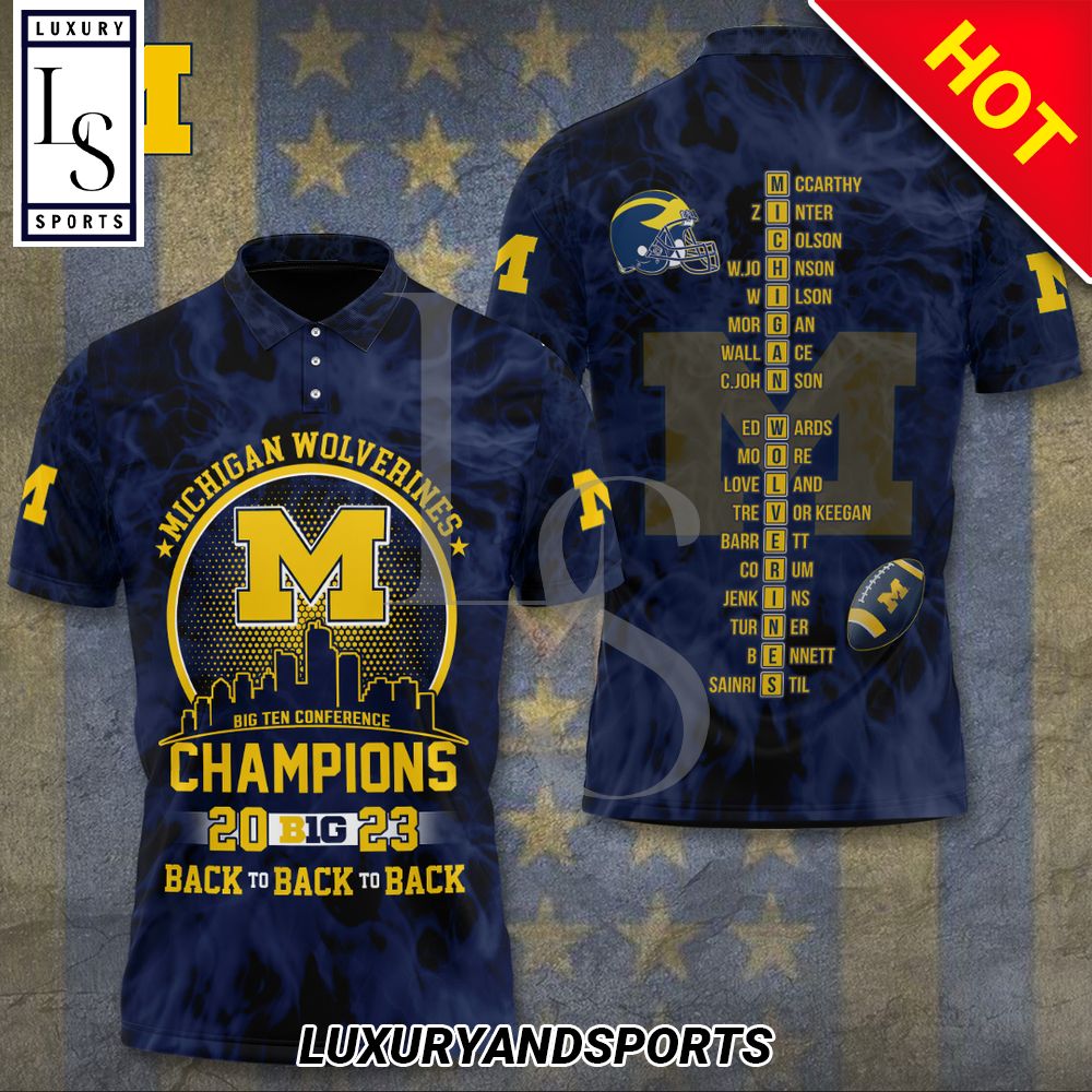 Michigan Wolverines Football Big Ten Conference Champions 2023 Back to Back to Back 3D Polo Shirt