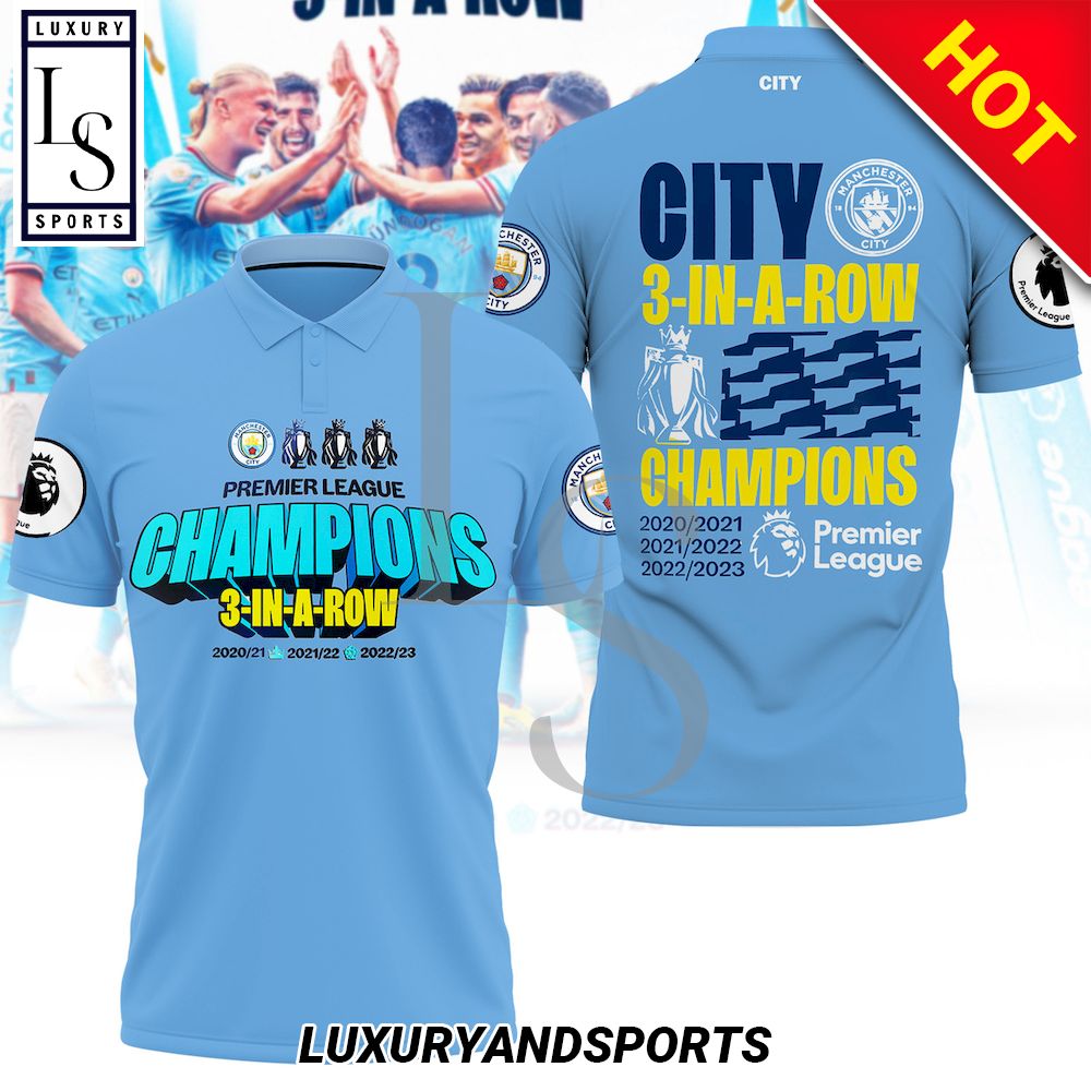 Premier League Champions 3 In A Row Manchester City 3D Polo Shirt