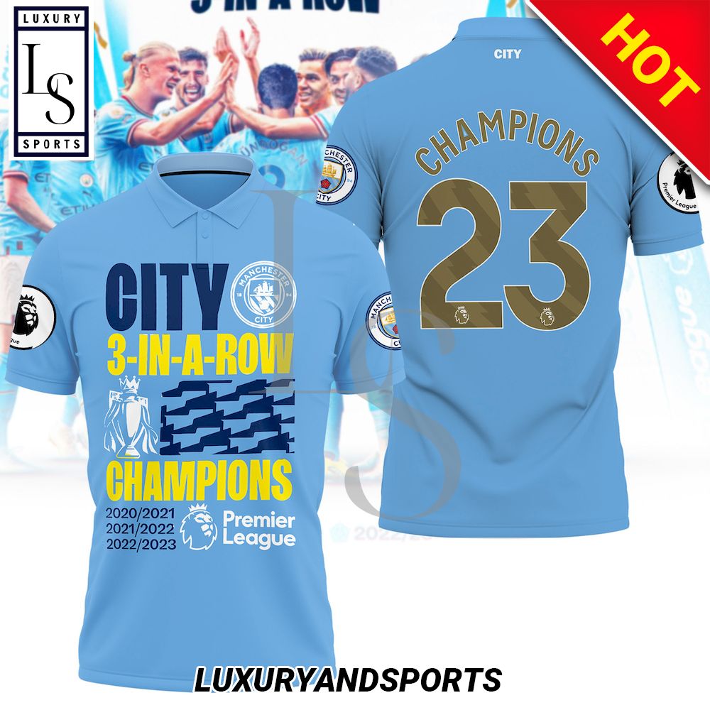 Premier League Champions 3 In A Row Manchester City Custom Number 3D Polo Shirt