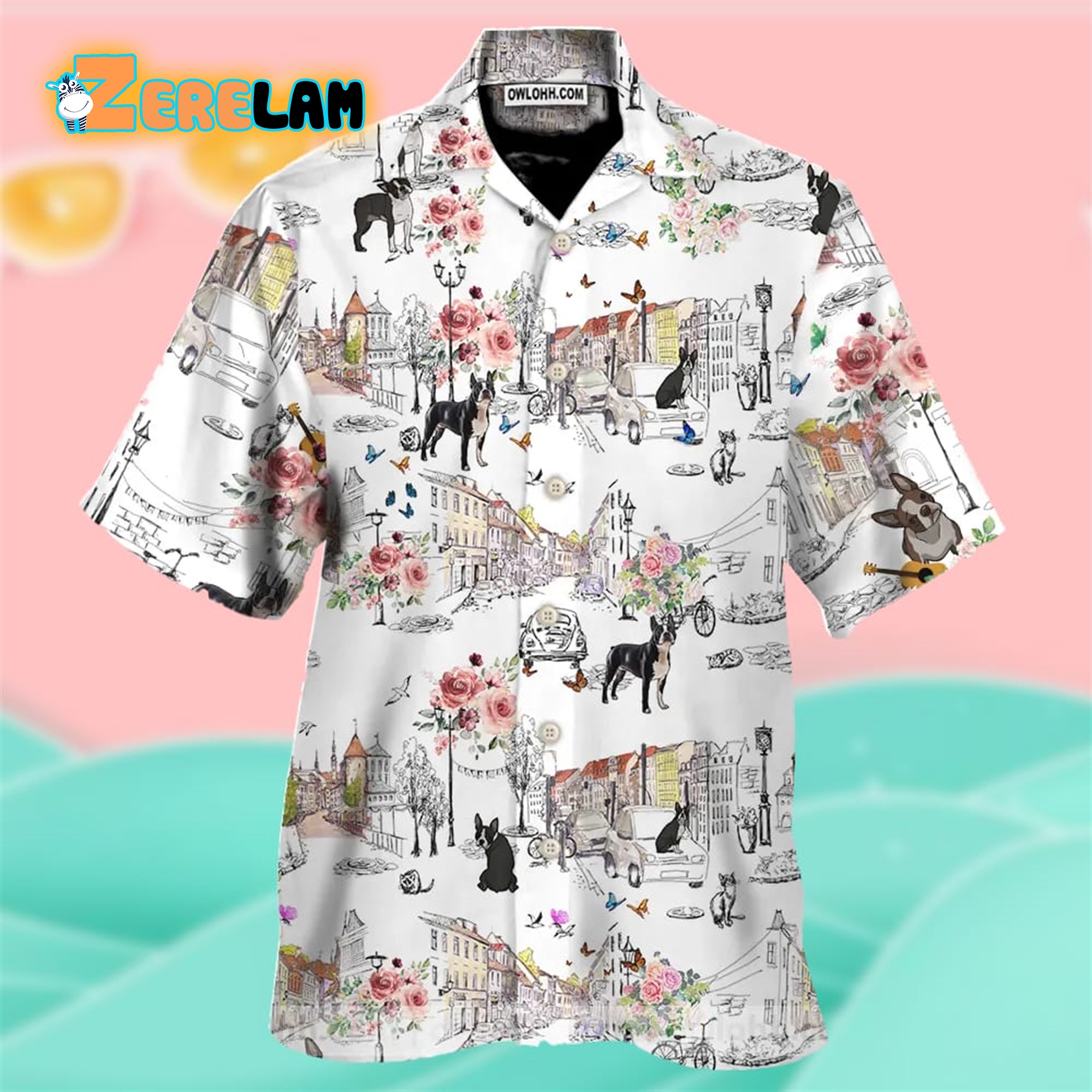 Boston Terrier Hawaiian Shirt Flower City Art