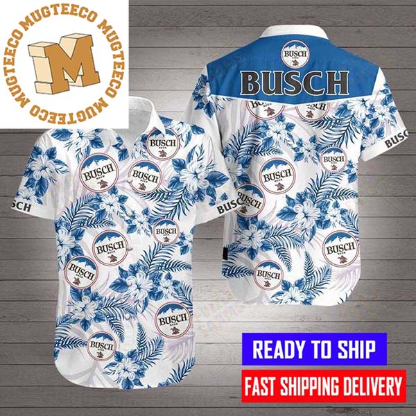 Busch Beer Logo With Blue Hibicus Hawaiian Shirt