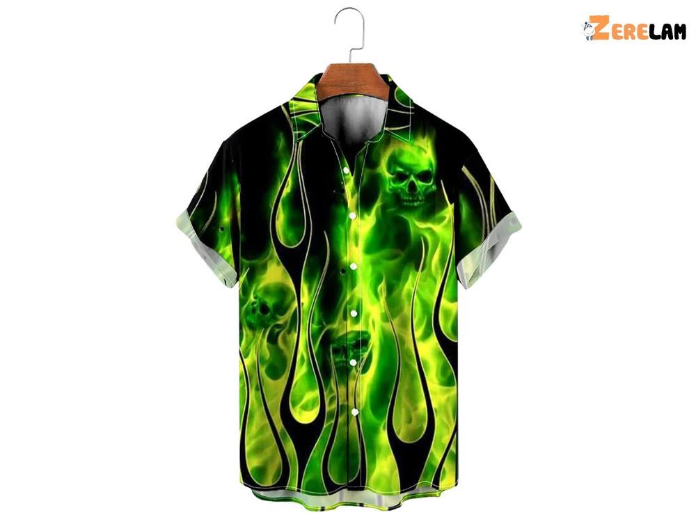 Casual Green Flame Skull Print Aloha Hawaiian Shirt