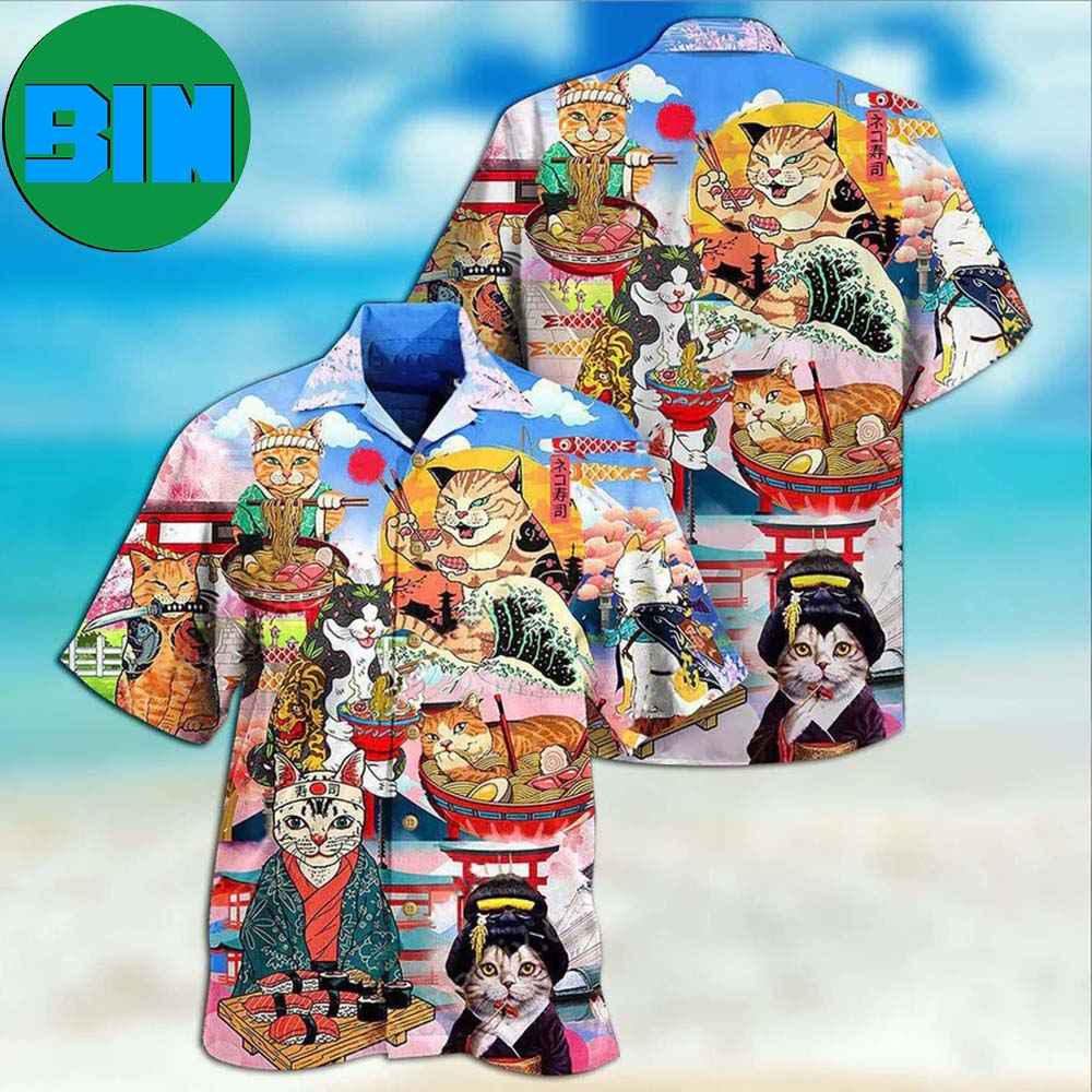 Cat Samurai With Ramen Lovely Tropical Hawaiian Shirt